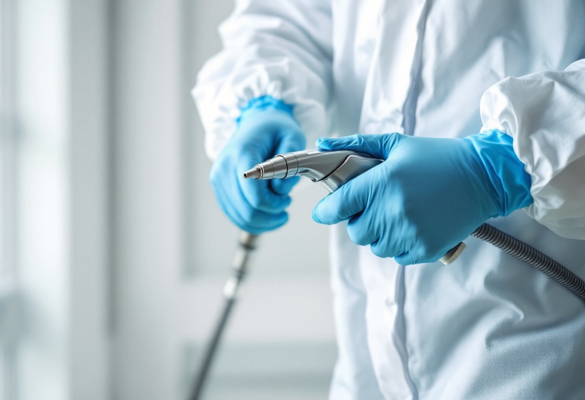 Mains gantées et matériel de désinfection professionnel